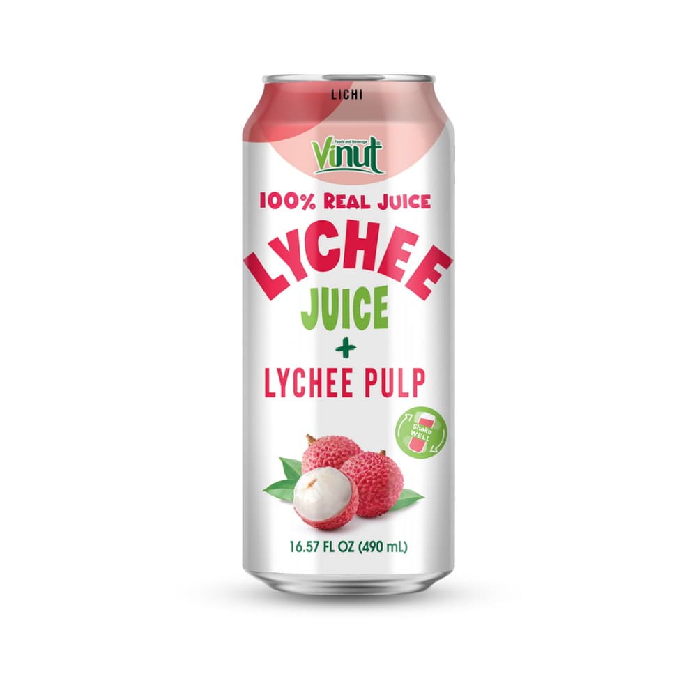 VINUT 100% ریښتینی جوس د لیچي جوس د لیچي غوښې سره، نرۍ کین، 16.57 fl oz 490 mL